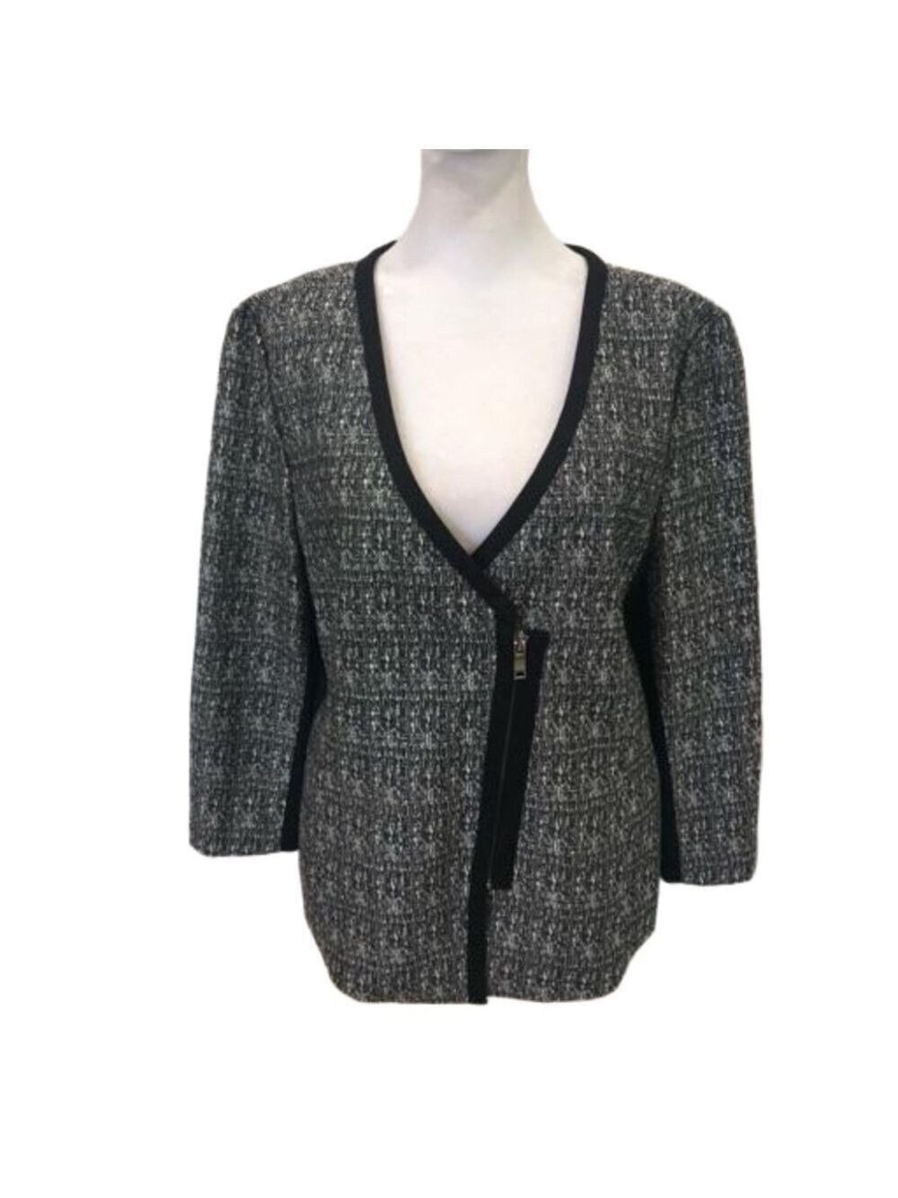 DKNYC Size 14 asymmetrical zip front blazer. Black white mixed media
